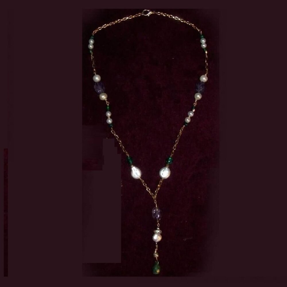 20” Genuine faceted malechite, amethyst and freshwater pearl goldtone necklace